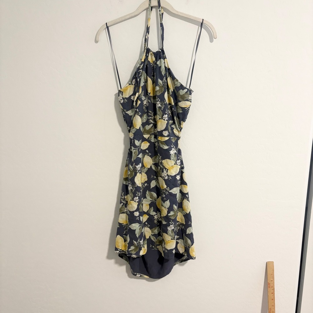 Abercrombie & Fitch Navy Lemon Floral Linen Halter Cut-Out Mini‎ Dress LP Petit - Picture 5 of 7